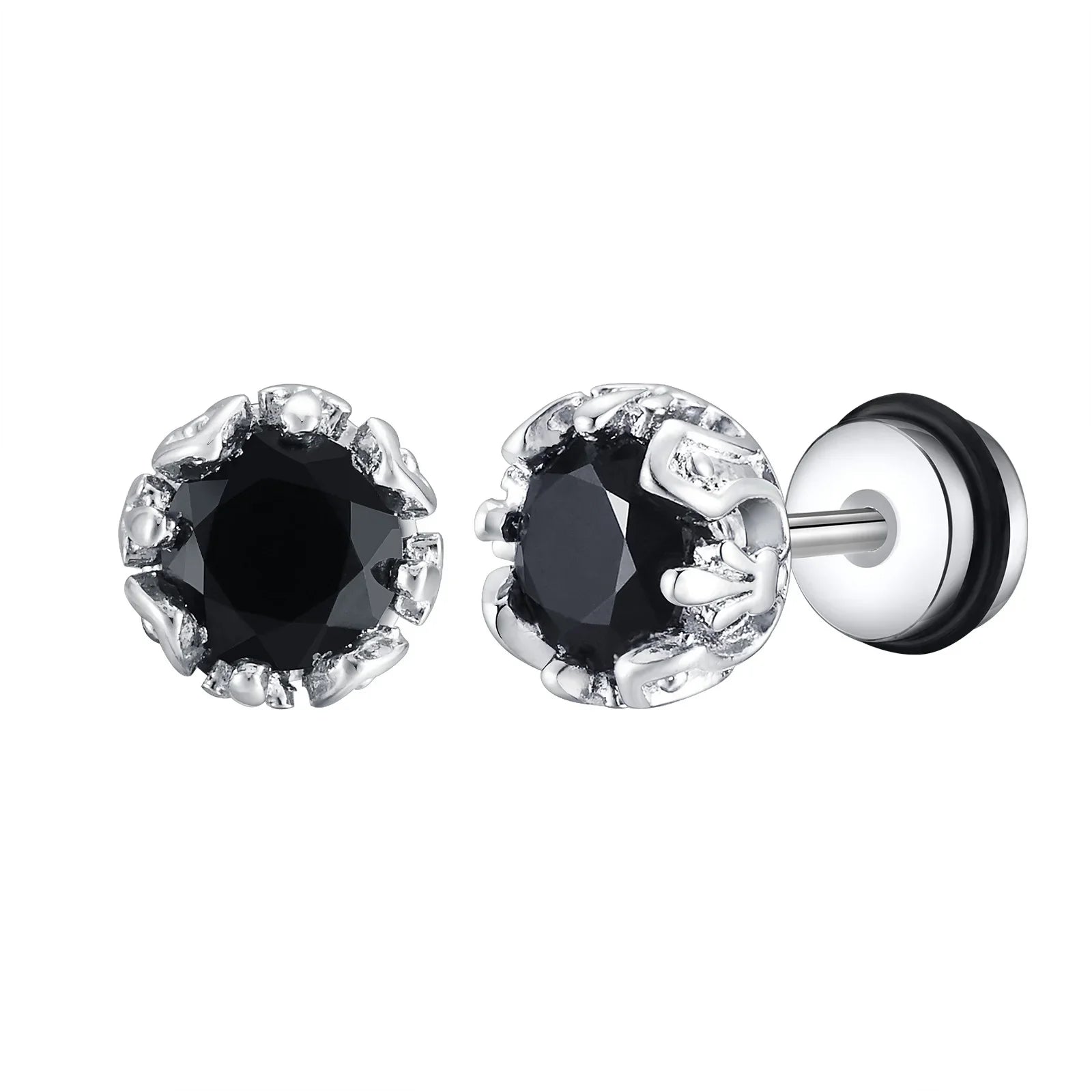 Unisex Black Onyx Screw Stud Earrings | Stainless Steel Retro Earrings for Men and Women