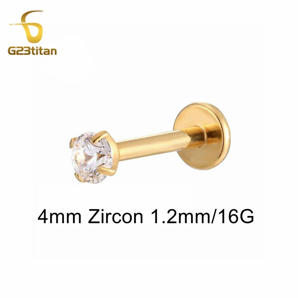 16G 18G Titanium Labret Stud Nose Ring | Zircon Internally Threaded Body Jewelry for Tragus and Helix