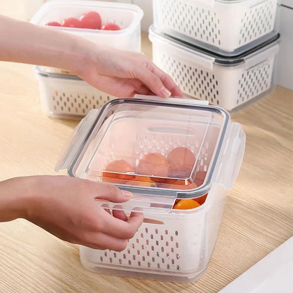 DecorBites™ Fridge Storage Containers with Drain Basket for Kitchen Organization