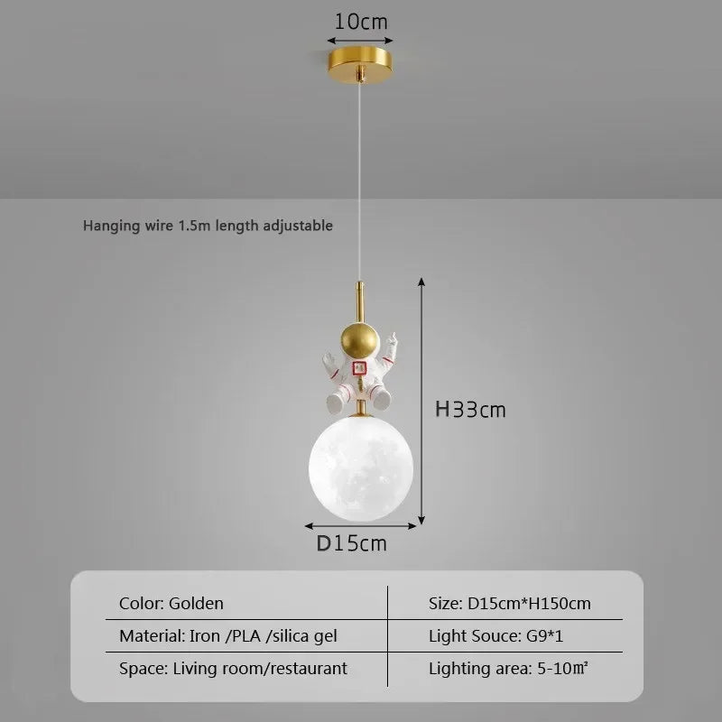 DecorBites™ Astronaut Moon LED Pendant Light for Children's Room, Nordic Iron Design.