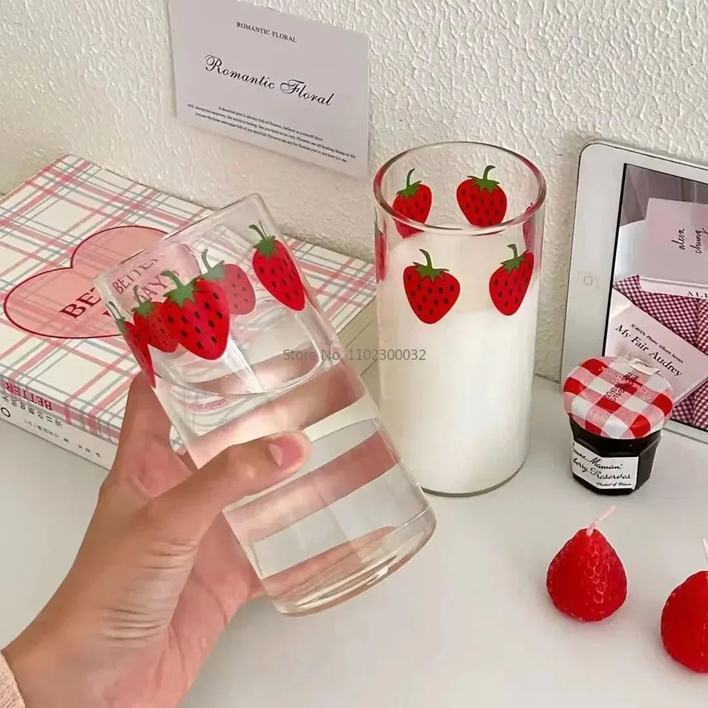 DecorBites™ Kawaii Strawberry Glasses Cup with Straws - Cute Clear Juice Mug
