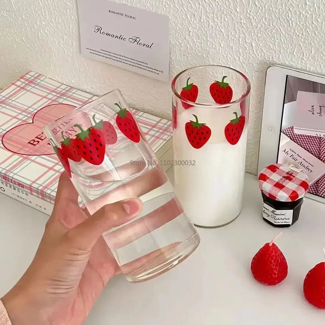 DecorBites™ Kawaii Strawberry Glasses Cup with Straws - Cute Clear Juice Mug