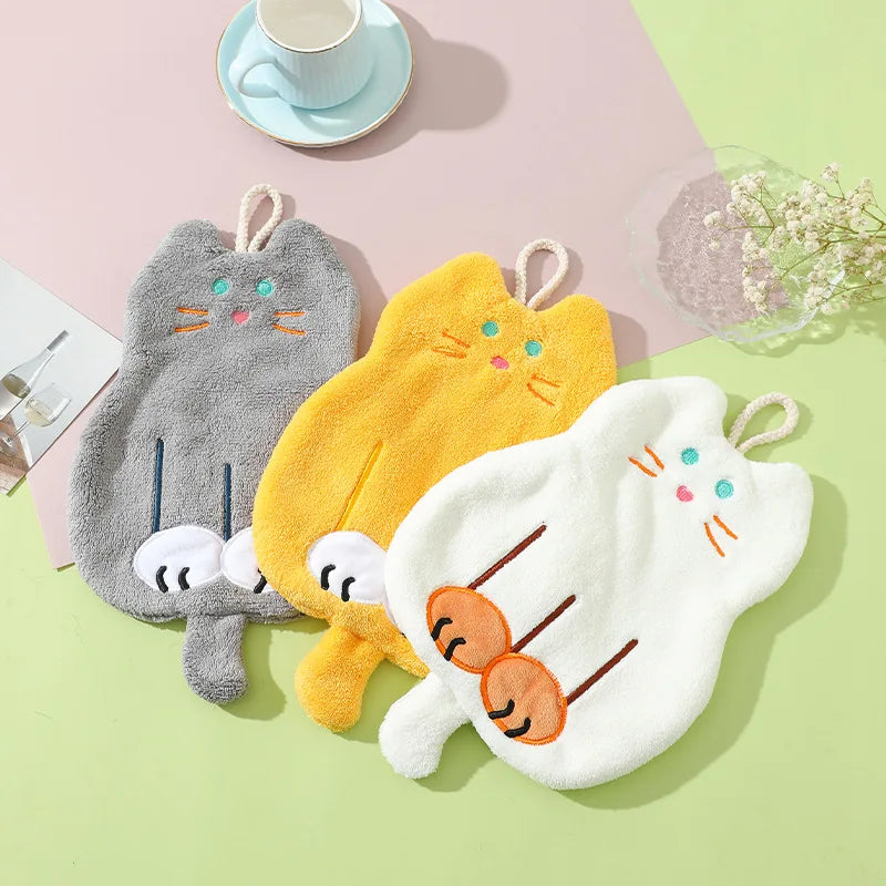 DecorBites™ Coral Plush Cat Microfiber Hand Towel: Cute Quick-Drying Kitchen Bathroom Accessory