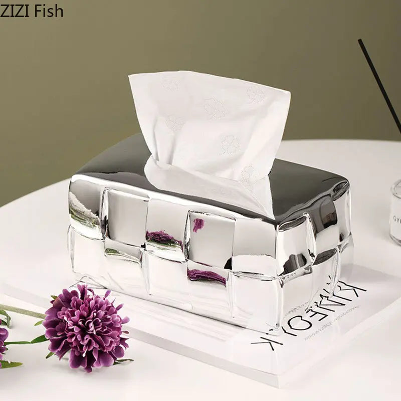 DecorBites™ Geometric Grain Silver Check Tissue Box Holder & Desktop Organizer