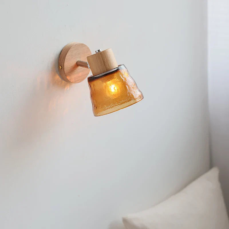 DecorBites™ Amber Glass LED Wall Sconce Nordic Modern Wood Pull Chain Switch Stair Light