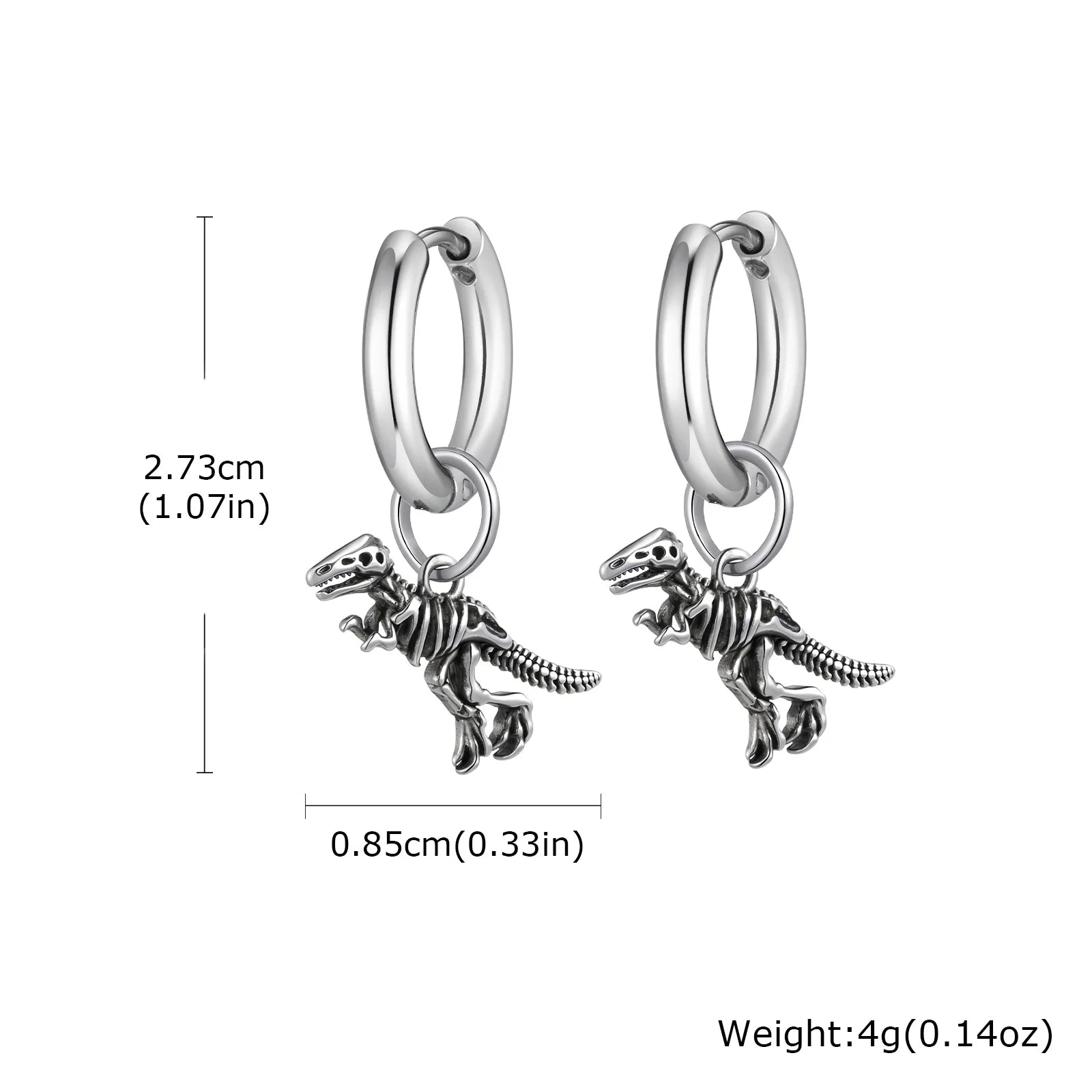 Dinosaur Drop Earrings | Stainless Steel Punk Rock Jewelry for Men and Women
