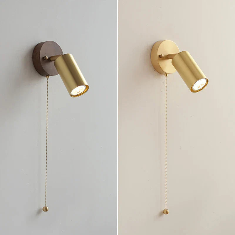 DecorBites™ Copper Lampshade LED Wall Sconce Pull Chain Switch Nordic Modern Walnut Wood Mirror Light