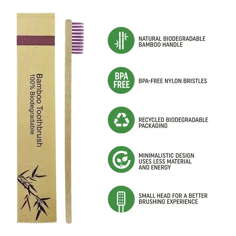 Eco-Friendly Bamboo Toothbrush - Soft Bristles, Vegan, Plastic-Free, 10-Pack