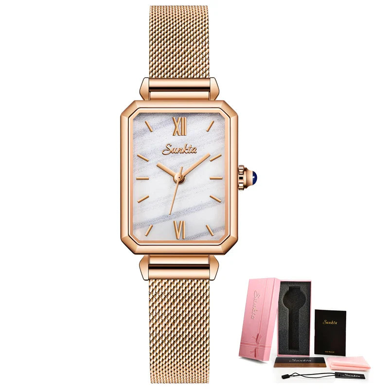 Women's Rectangular Green Dial Mesh Band Quartz Watch