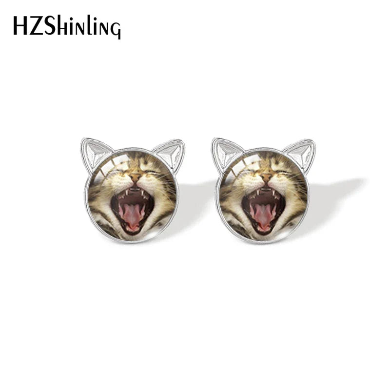Lovely Cat Face Stud Earrings | Handmade Glass Dome Photo Printed Jewelry for Women