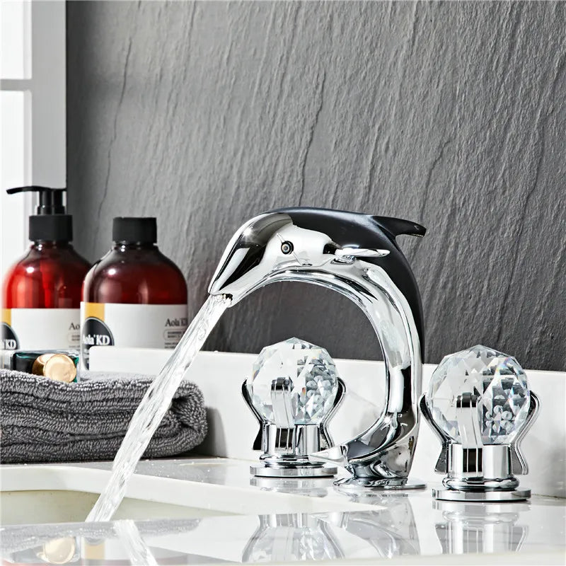 DecorBites™ Gold Basin Faucet: Brass Nickel Dolphin Bathroom Sink Faucet, 3 Hole Widespread