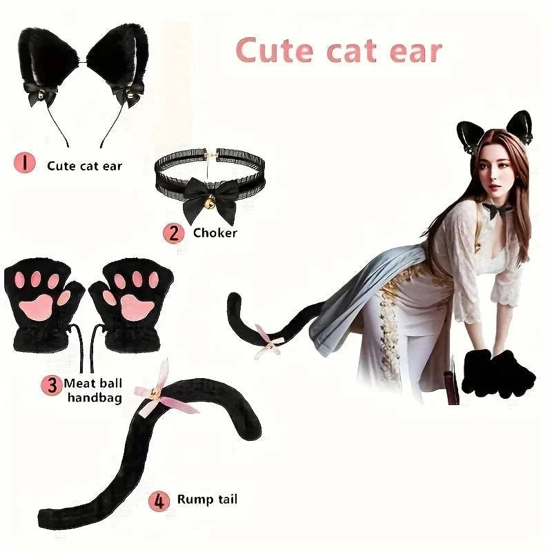 5Pcs Sets Cat Paw Gloves Winter Cute Cartoon Girl Open Finger Gloves Bell Headband Fox Cat Ear Headwear