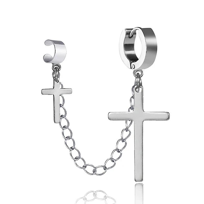 Cross Tassel Clip Earrings | Unisex Punk Hoop Earrings with Chain