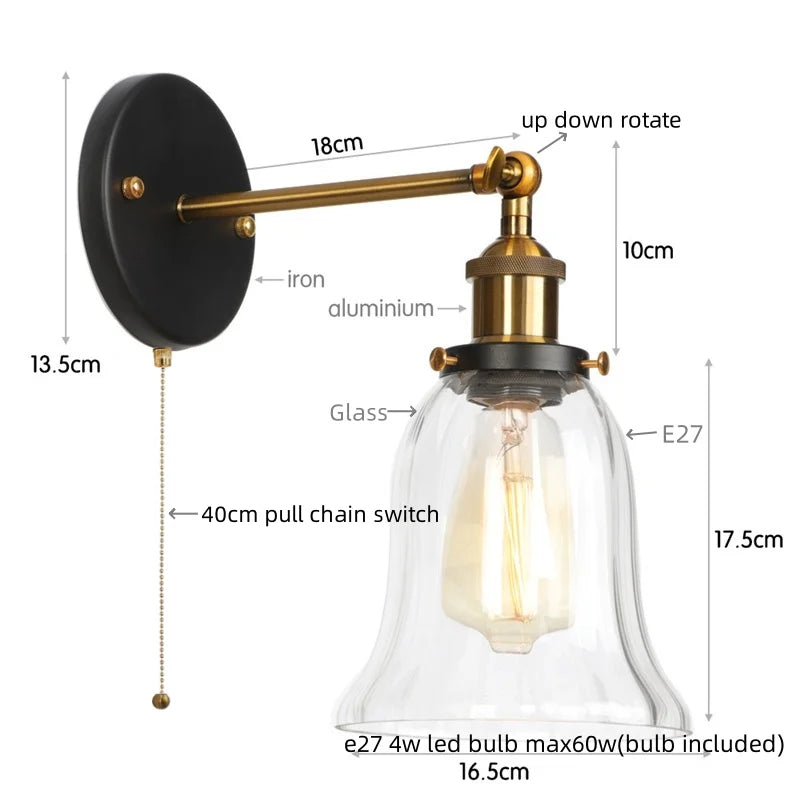 DecorBites™ Industrial Vintage LED Wall Sconce Stair Loft Bedside Lamp Glass Mirror Light