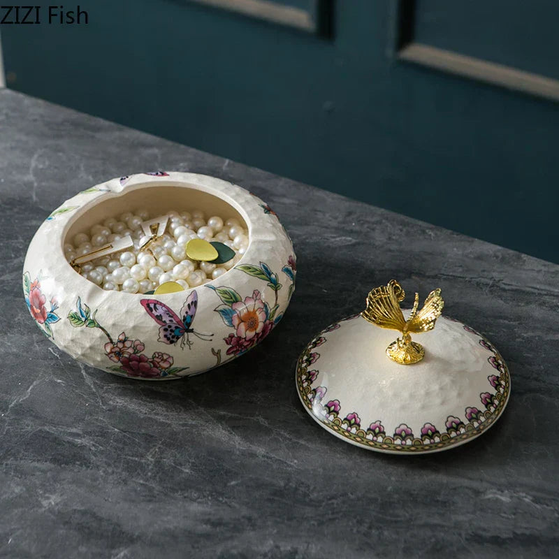 DecorBites™ Dragonfly Lid Ceramic Jewelry Box - Round Floral Pattern Storage Jar