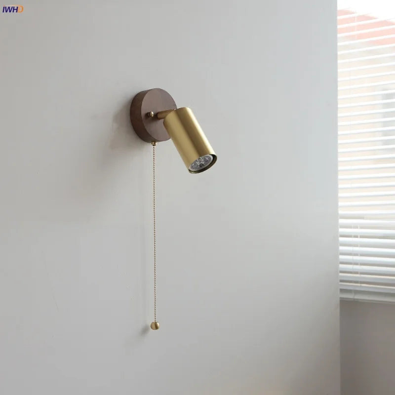 DecorBites™ Copper Lampshade LED Wall Sconce Pull Chain Switch Nordic Modern Walnut Wood Mirror Light