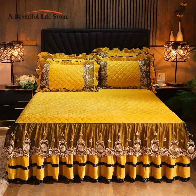 DecorBites™ Crystal Velvet Bedspread Set with Super Soft Quilting & Lace Bedskirt