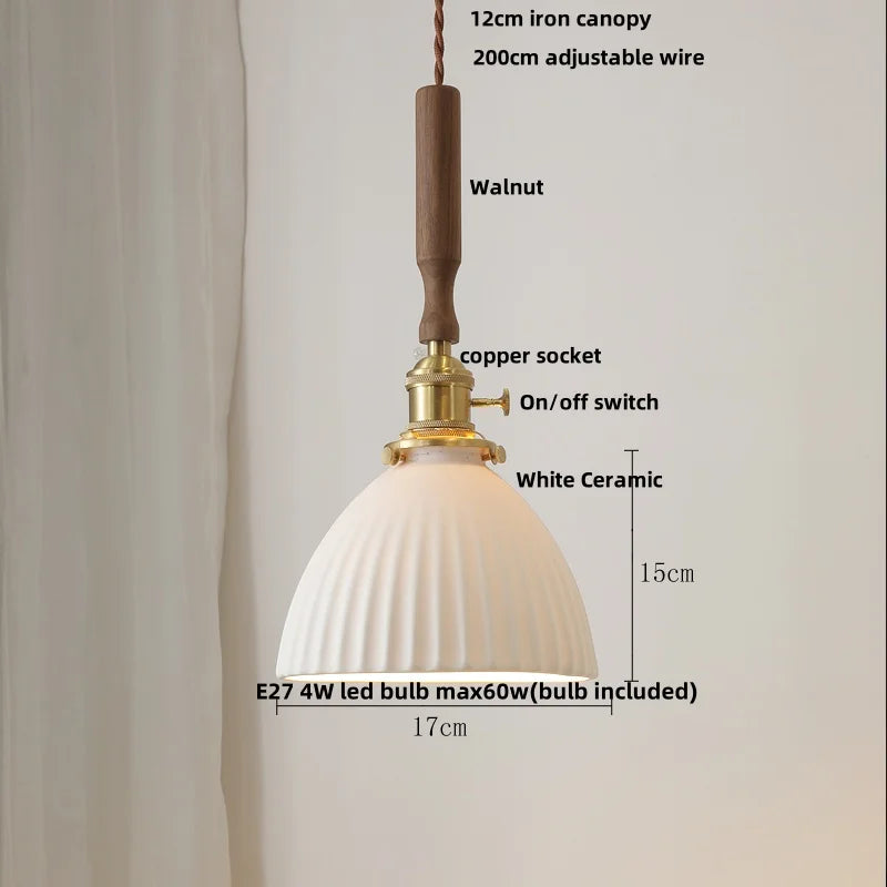 DecorBites™ Ceramic Walnut Wood Pendant Light Fixture - Adjustable LED Lamparas for Study Aisle