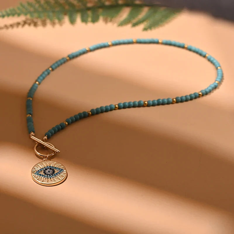 Colorful Stone Choker Necklace | Round Evil Charm Pendant for Women