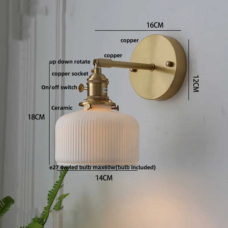 DecorBites™ Copper LED Sconce Wall Lamp Pull Chain Switch Nordic Modern Ceramic Mirror Light