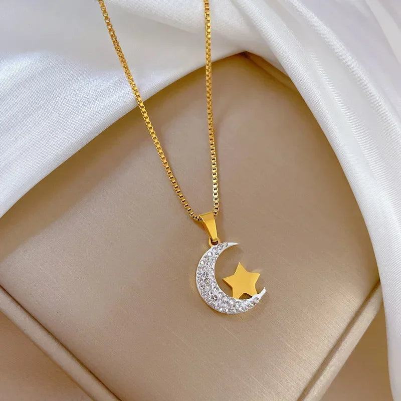 Stainless Steel Crescent Moon Pendant Necklace | Vintage Gold Choker Jewelry for Women