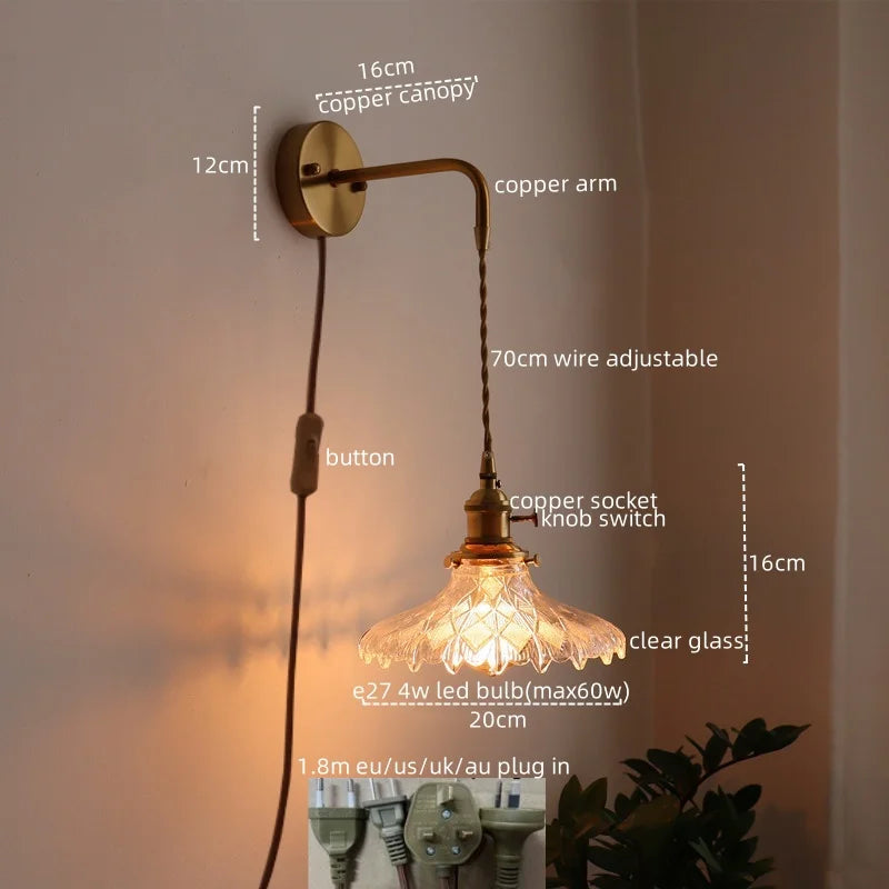 Vintage brass and green glass led wall lamp living room sconce