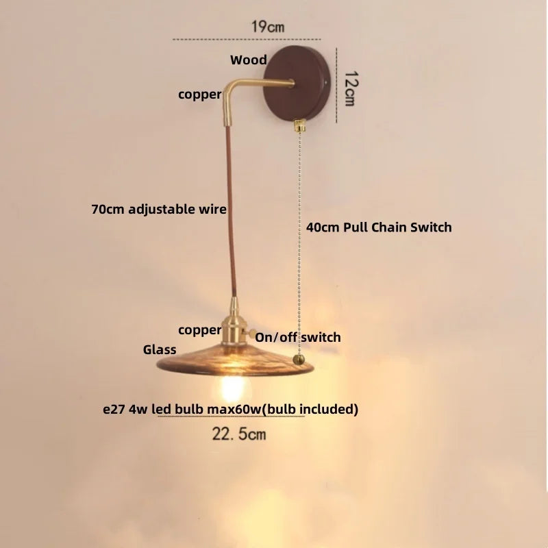 DecorBites™ Copper Glass LED Wall Sconce Pull Chain Switch Stair Light