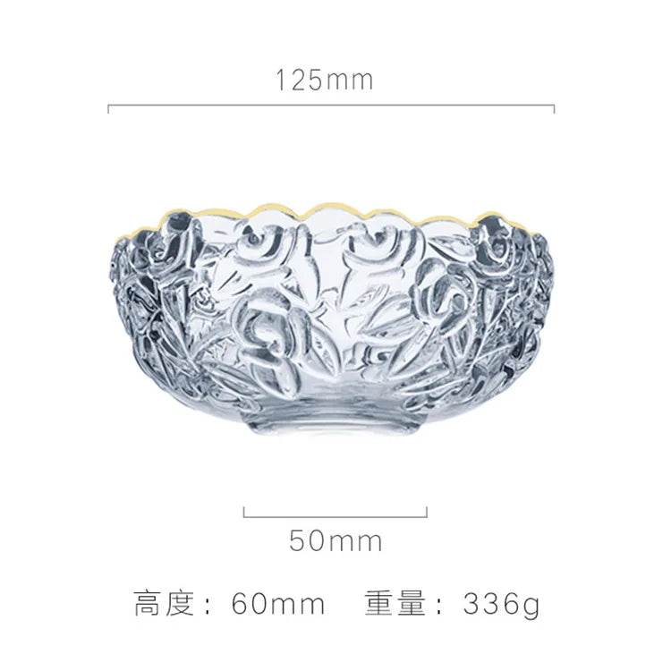 DecorBites™ Glass Salad Bowl with Golden Edge - Vintage Engraving, Relief Craft