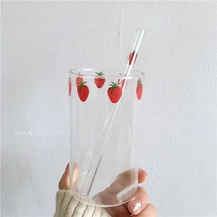 DecorBites™ Kawaii Strawberry Glasses Cup with Straws - Cute Clear Juice Mug