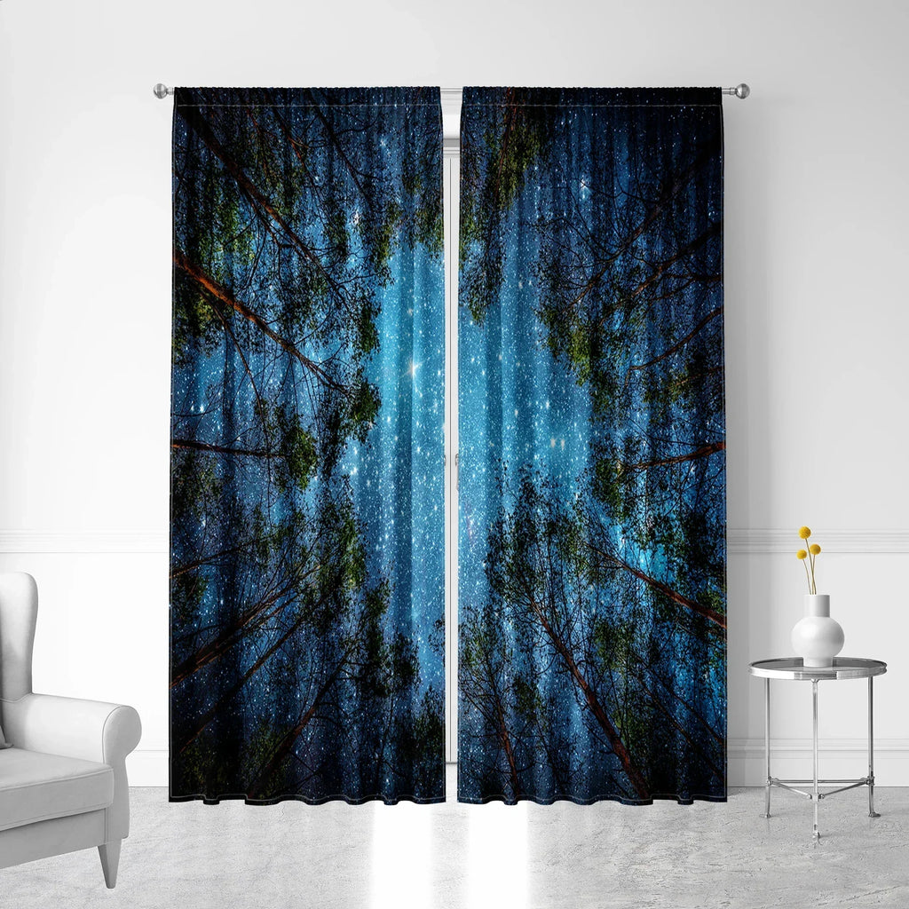 DecorBites™ Dark Blue Forest & City Night View Modern Printed Curtains