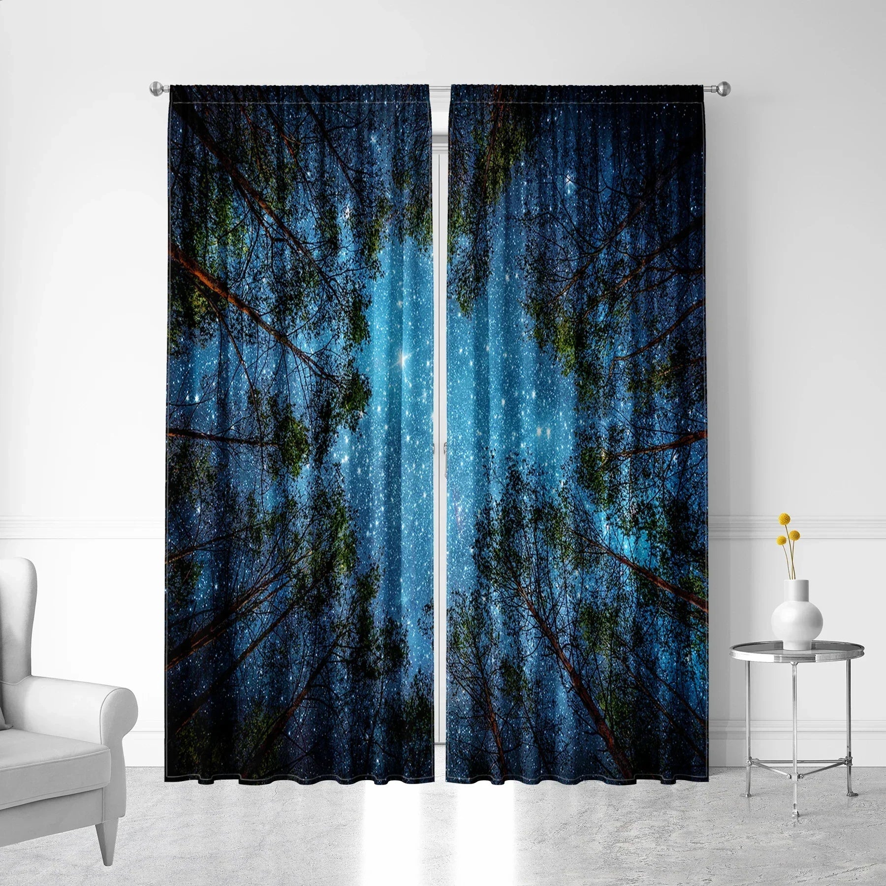 DecorBites™ Dark Blue Forest & City Night View Modern Printed Curtains