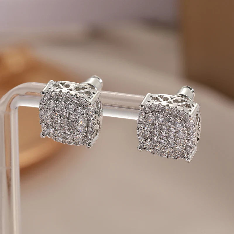 Square Cubic Zirconia Stud Earrings | Vintage Style for Women and Men