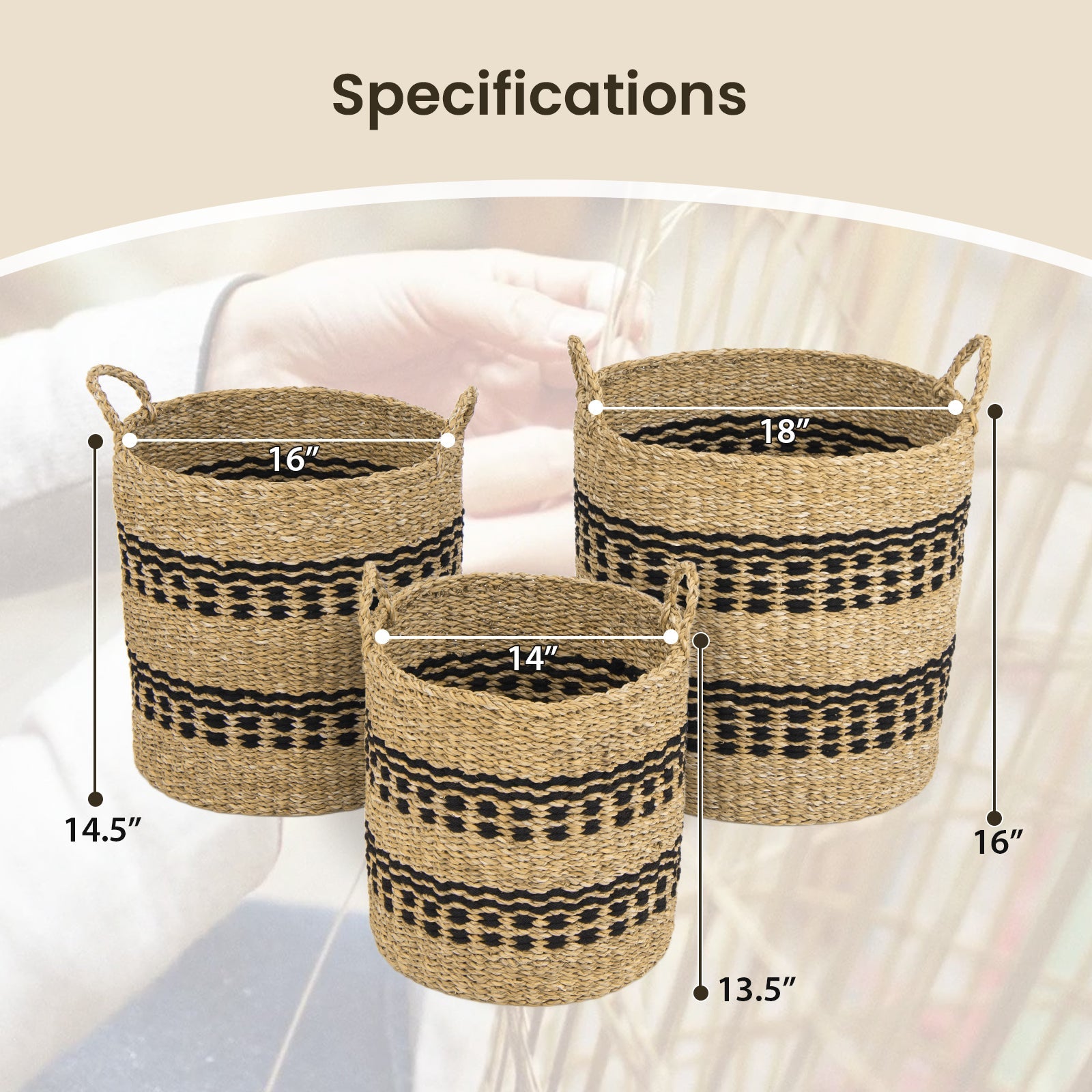 Seagrass Basket Set of 3 Stackable Storage Bins with Handles Woven Round Basket