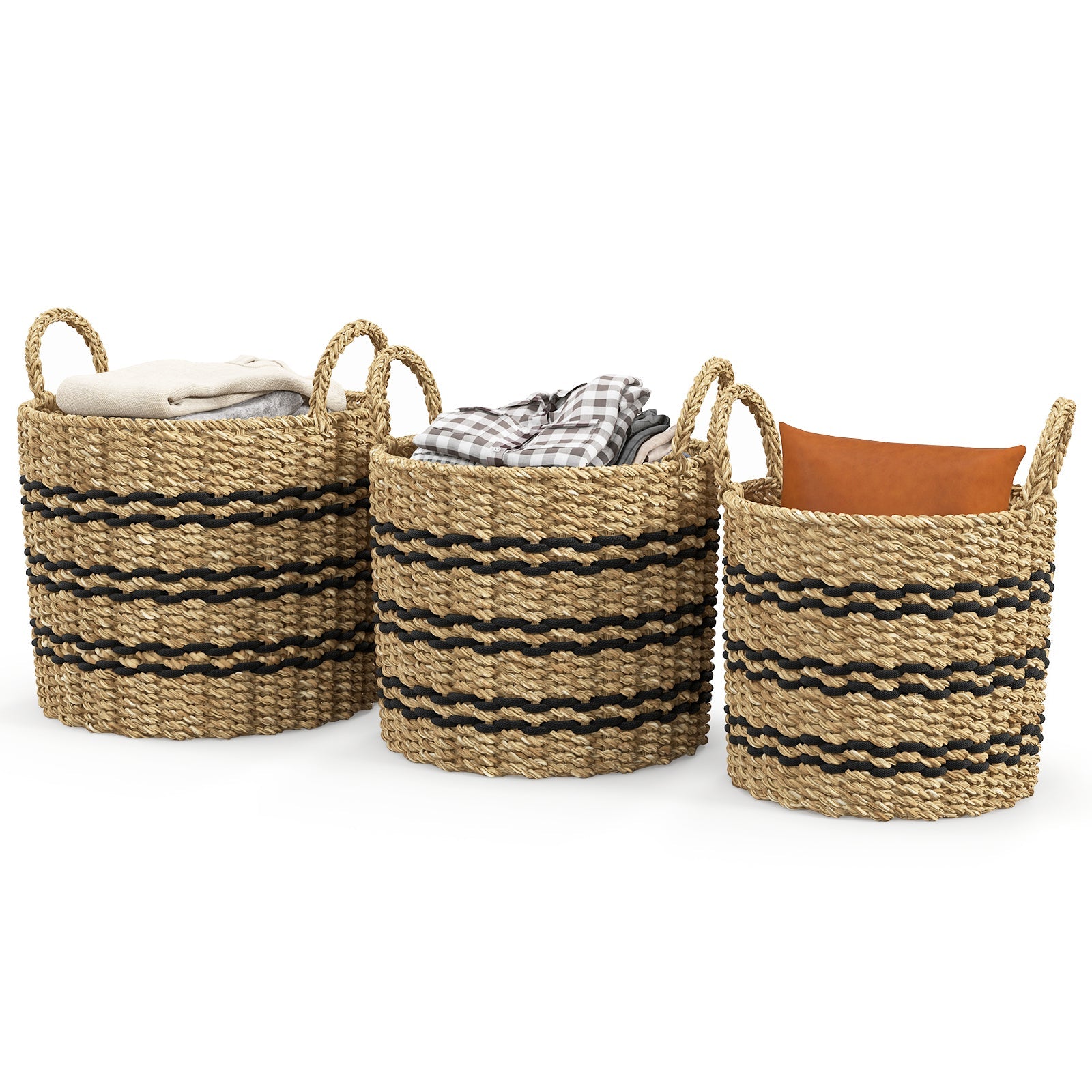 Seagrass Basket Set of 3 Stackable Storage Bins with Handles Woven Round Basket