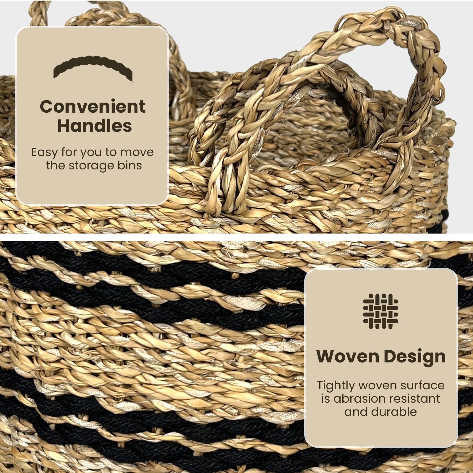 Seagrass Basket Set of 3 Stackable Storage Bins with Handles Woven Round Basket