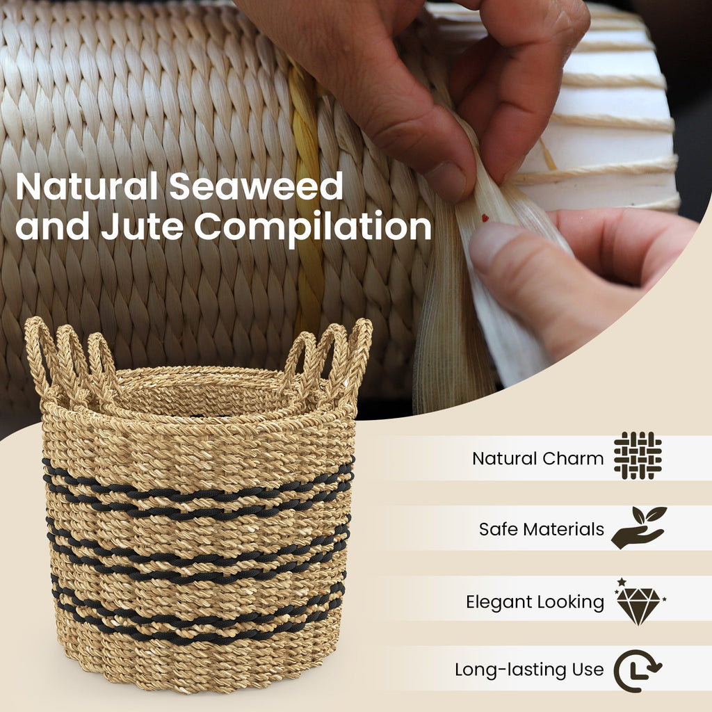 Seagrass Basket Set of 3 Stackable Storage Bins with Handles Woven Round Basket