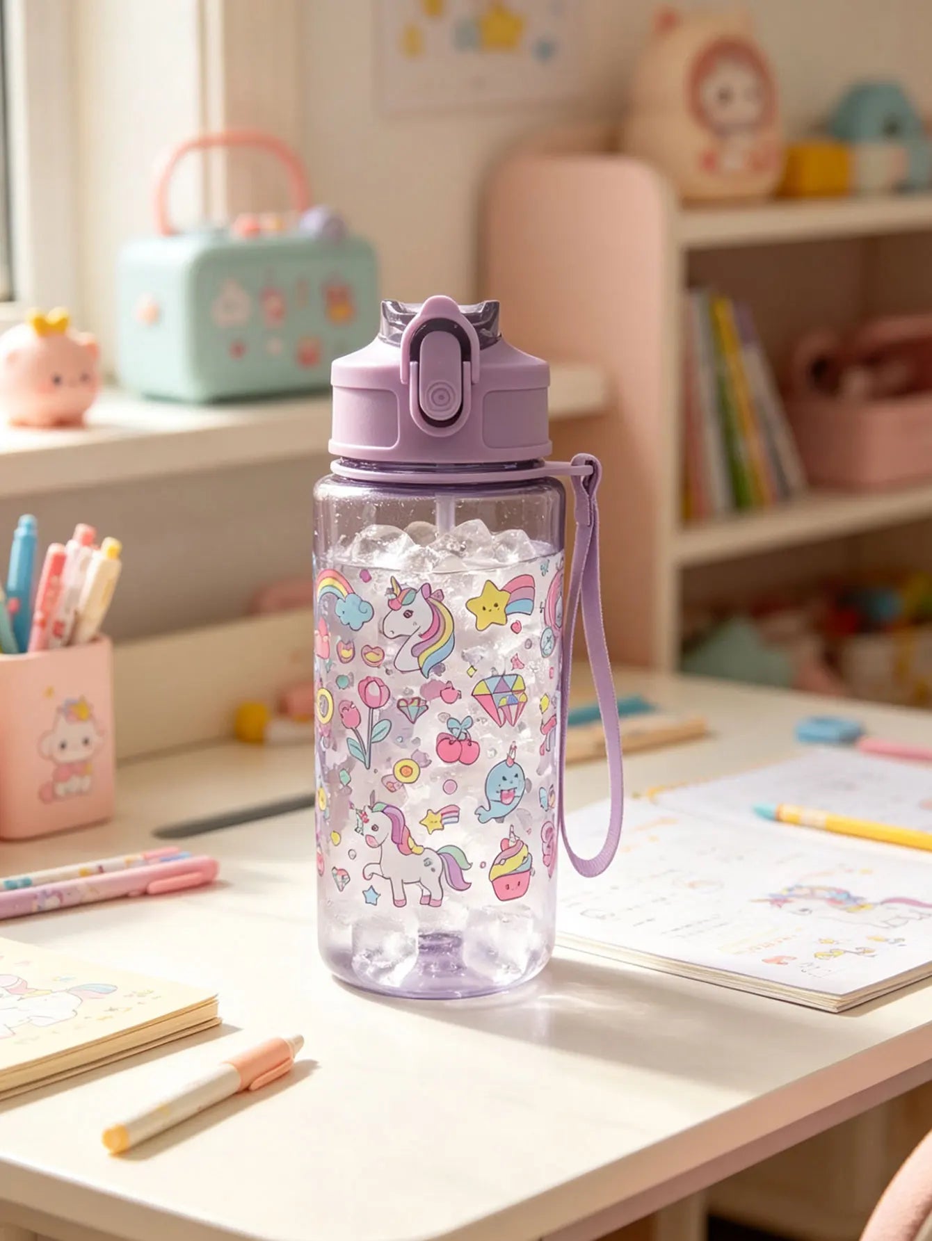 1 Piece 500ml (19 fl oz) Cartoon Printed Straw Cup | Summer Plastic Water Bottle