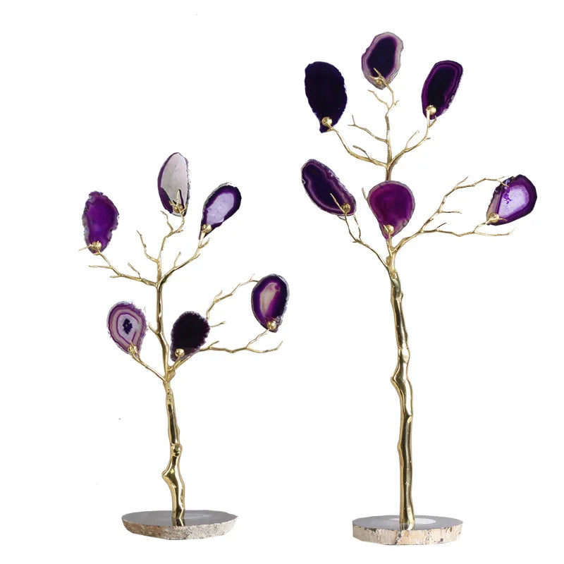 DecorBites™ Agate Tree Metal Handicraft: Golden Tree with Natural Agate Tablets