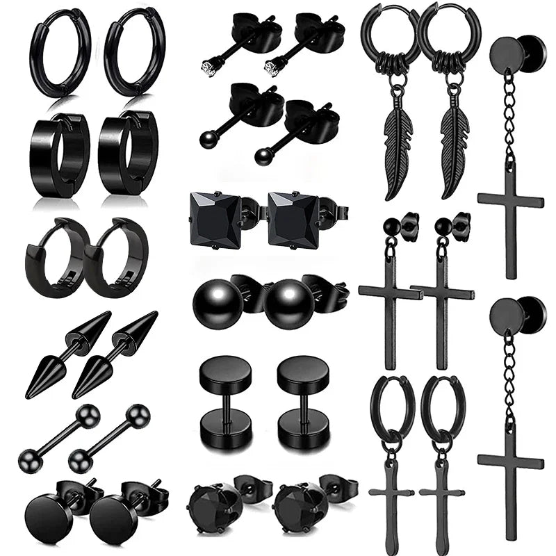 Black Stainless Steel Hoop Earrings with Cross Pendant | Unisex Punk Jewelry