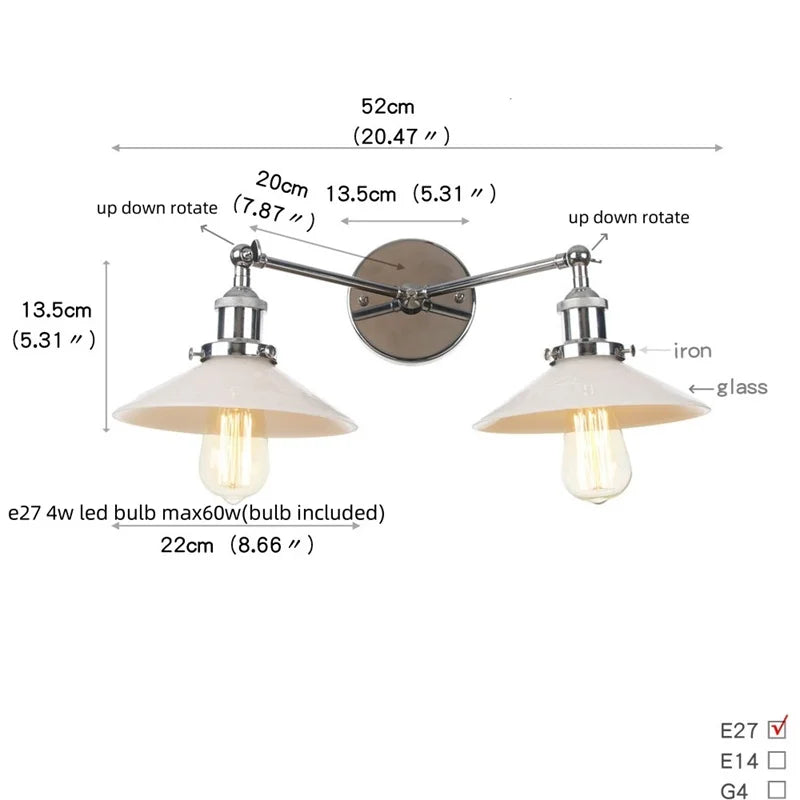 DecorBites™ Industrial LED Wall Light Fixture with Pull Chain Switch, 2 Heads Bedside Lamp