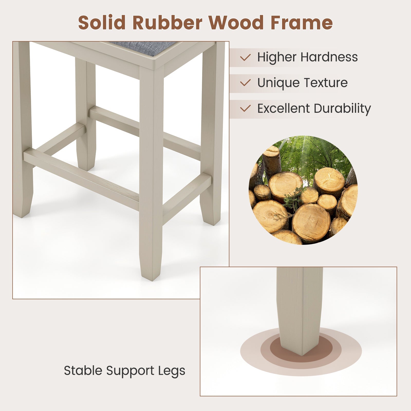 2 Pieces 25 Inch Upholstered Bar Stool Set with Solid Rubber Wood Frame and Footrest