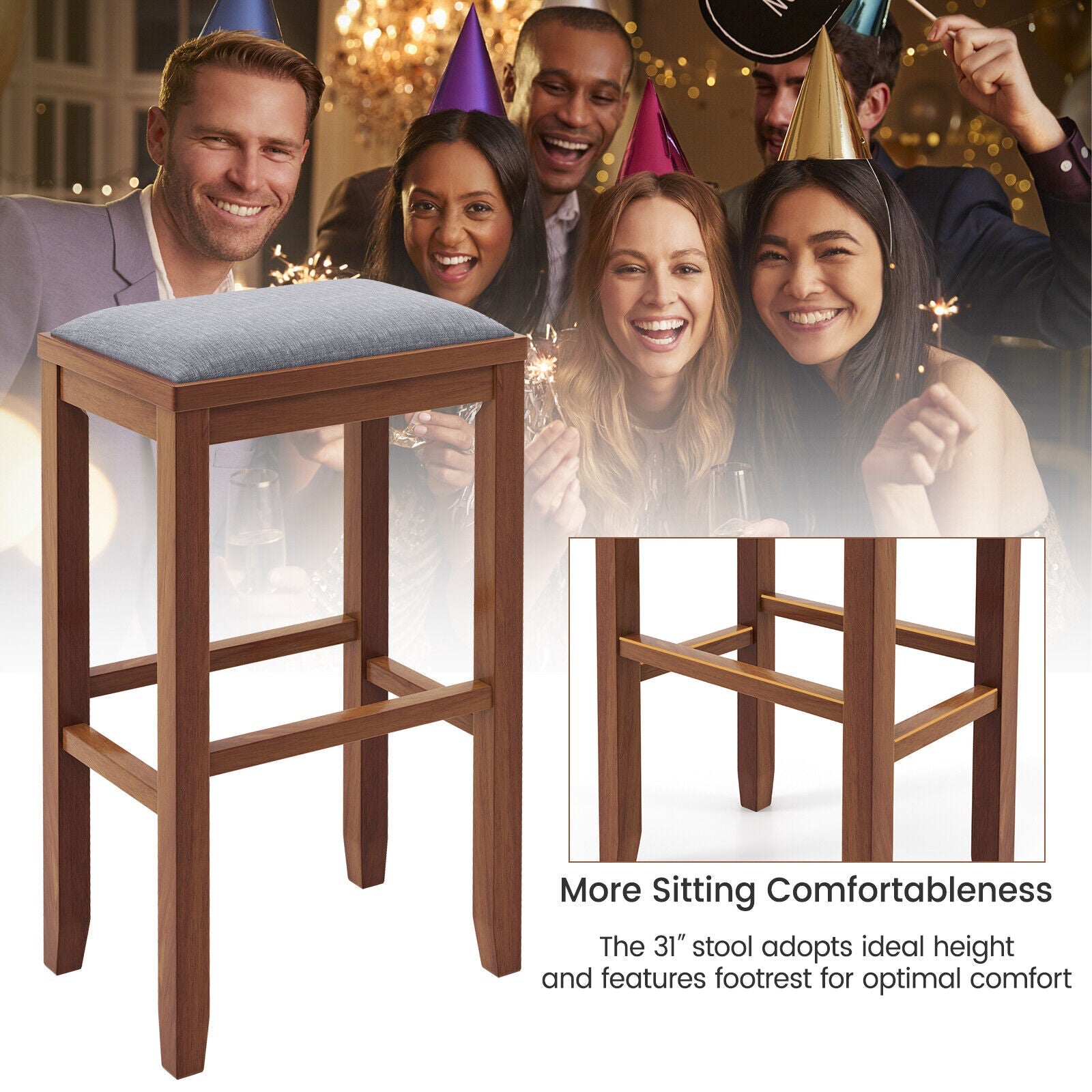2 Pieces 31 Inch Upholstered Bar Stool Set with Solid Rubber Wood Frame and Footres