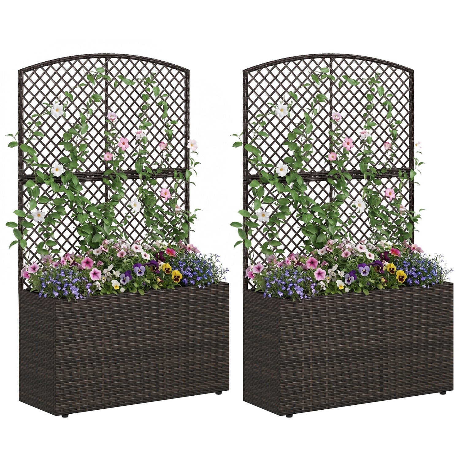 Set of 2 49 Inch Raised Garden Bed with Trellis and Wicker Planter Box