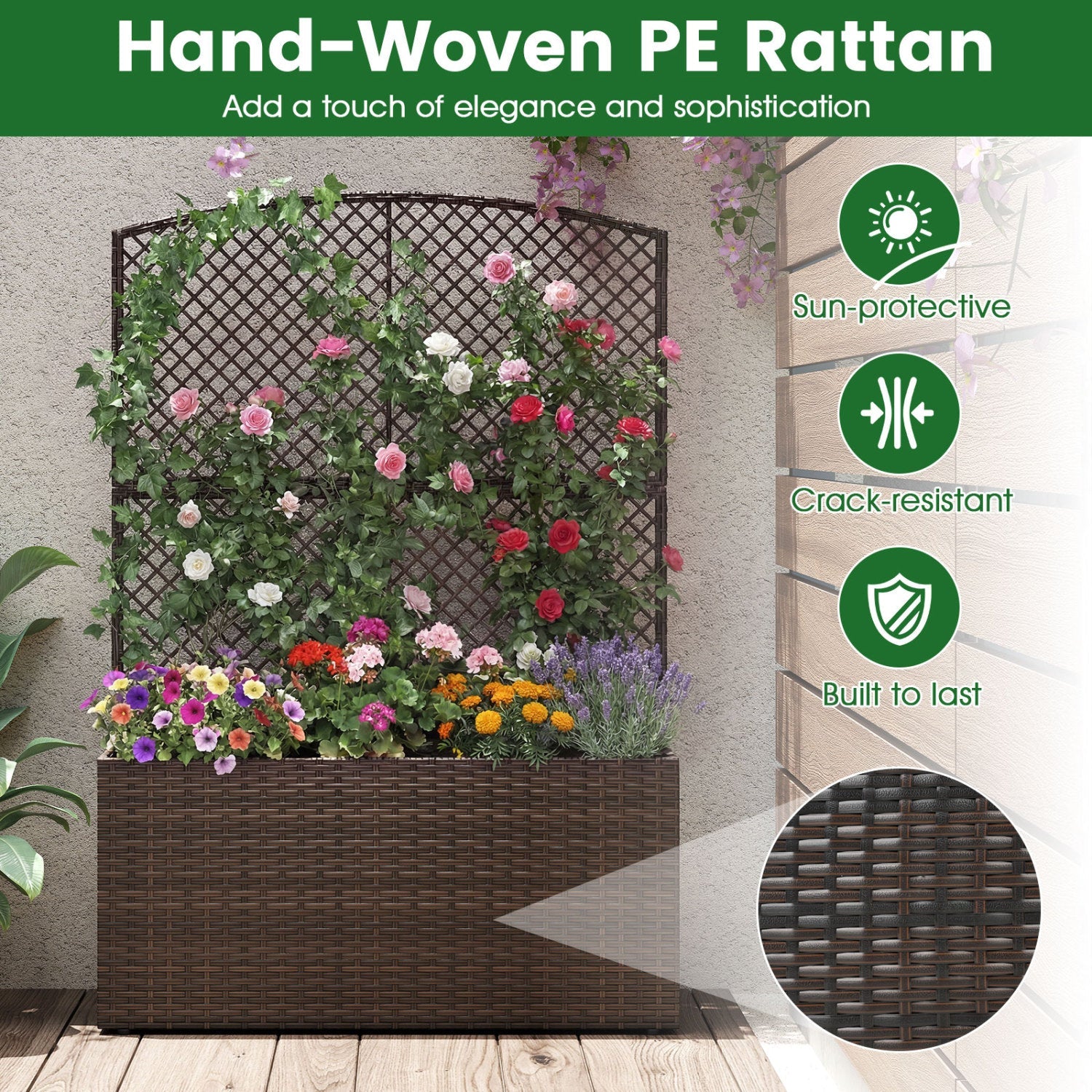 Set of 2 58 Inch Raised Garden Bed with Trellis and Wicker Planter Box