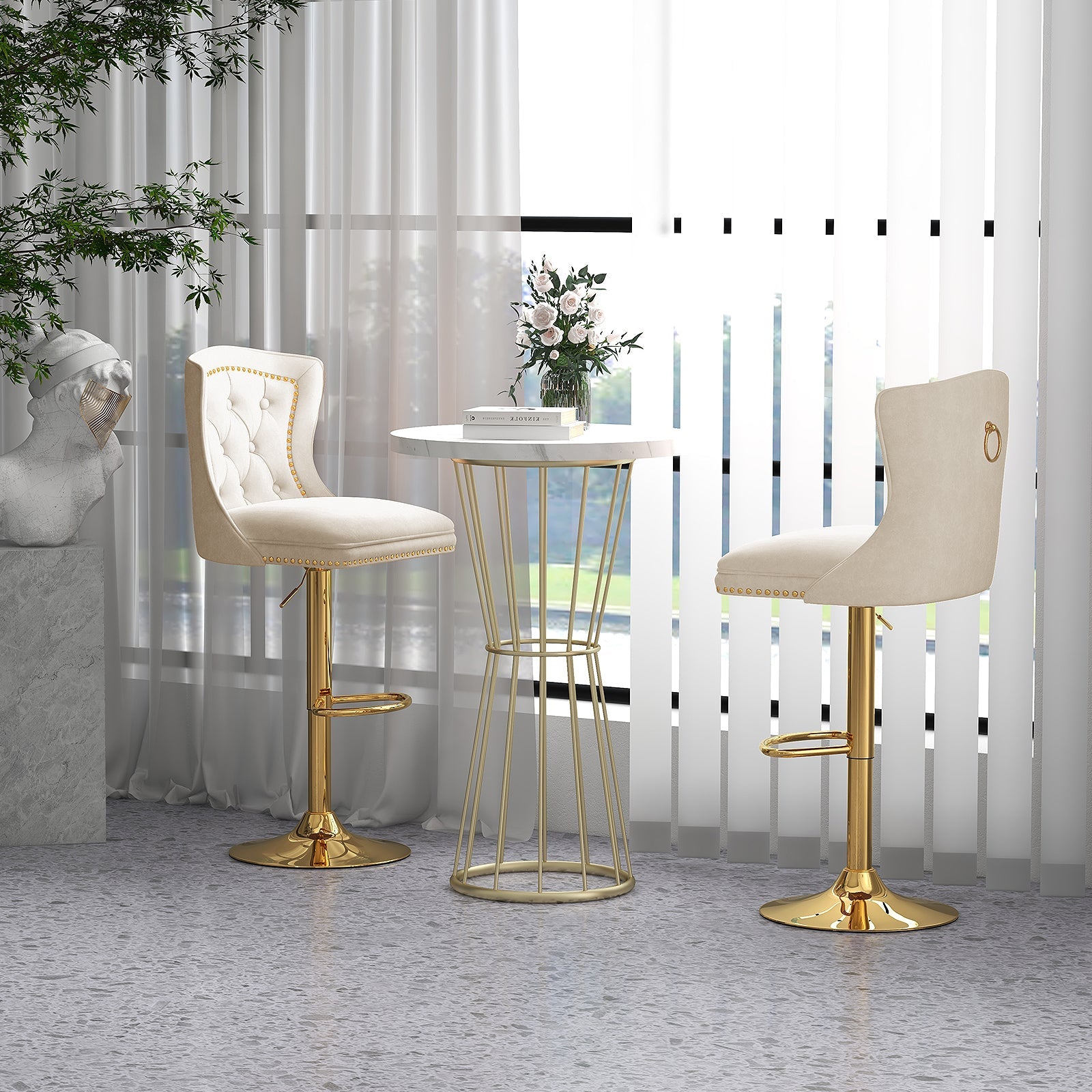 Set of 2 Bar Chairs with Footrest Electroplated Metal Base and Anti-Slip Ring
