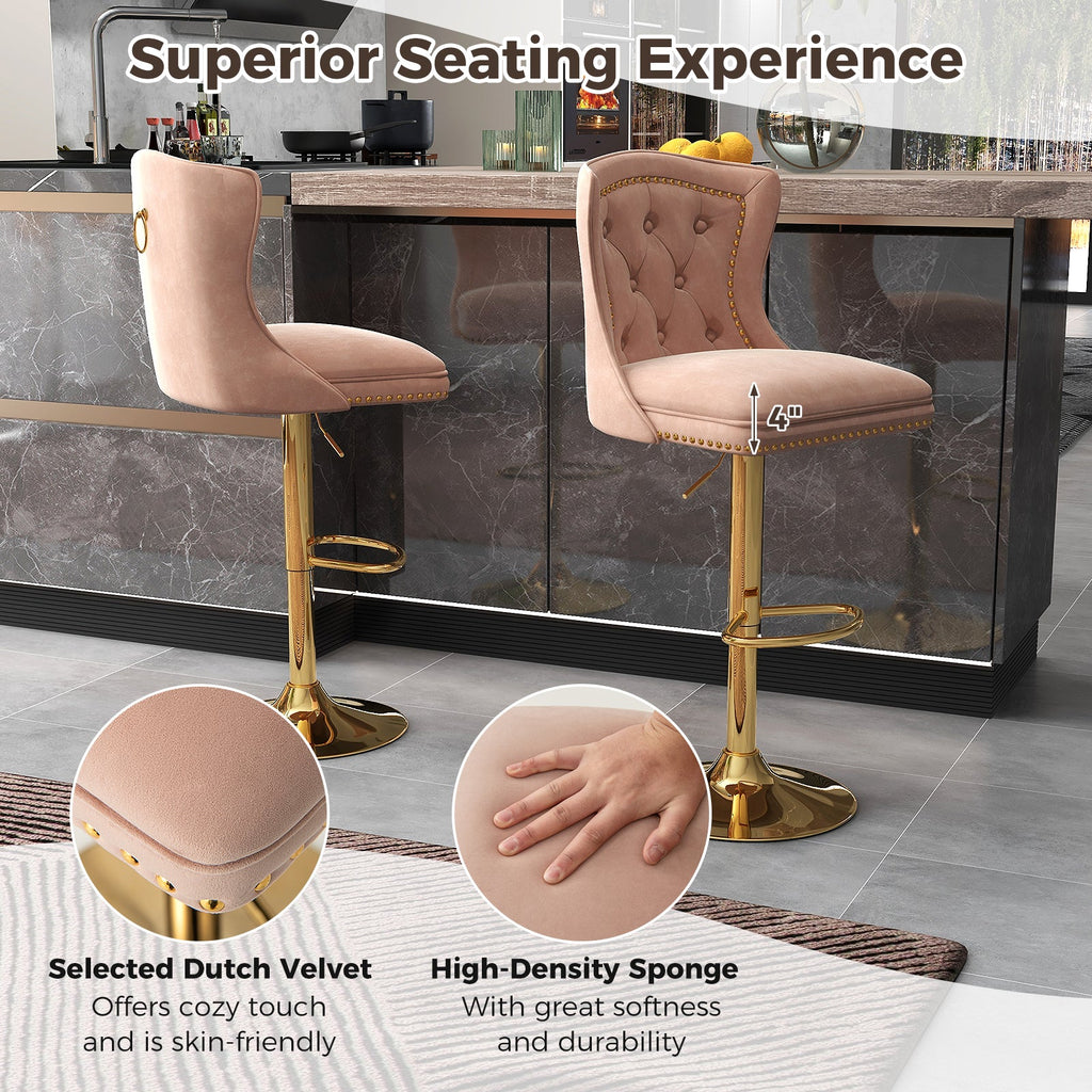 Set of 2 Bar Chairs with Footrest Electroplated Metal Base and Anti-Slip Ring