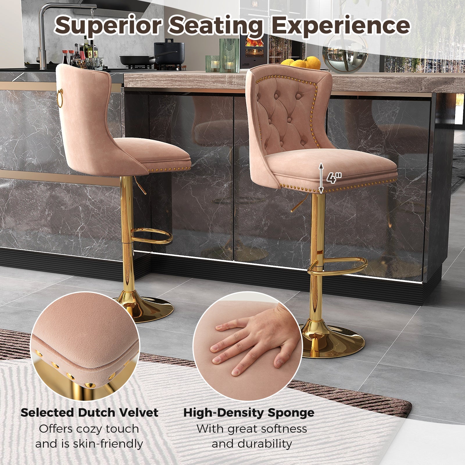 Set of 2 Bar Chairs with Footrest Electroplated Metal Base and Anti-Slip Ring