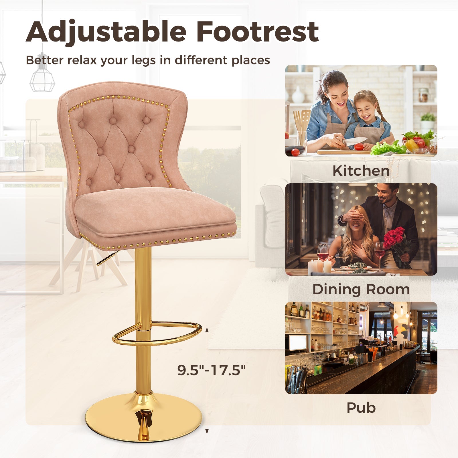 Set of 2 Bar Chairs with Footrest Electroplated Metal Base and Anti-Slip Ring