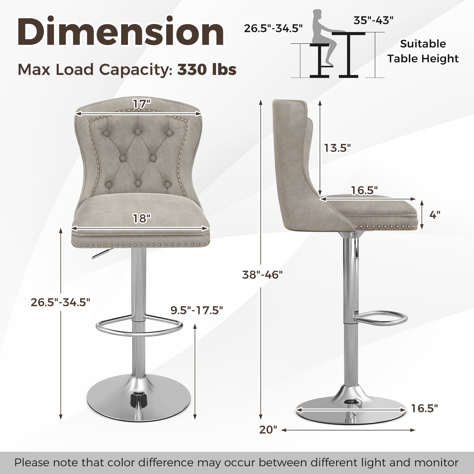Set of 2 Bar Chairs with Footrest Electroplated Metal Base and Anti-Slip Ring