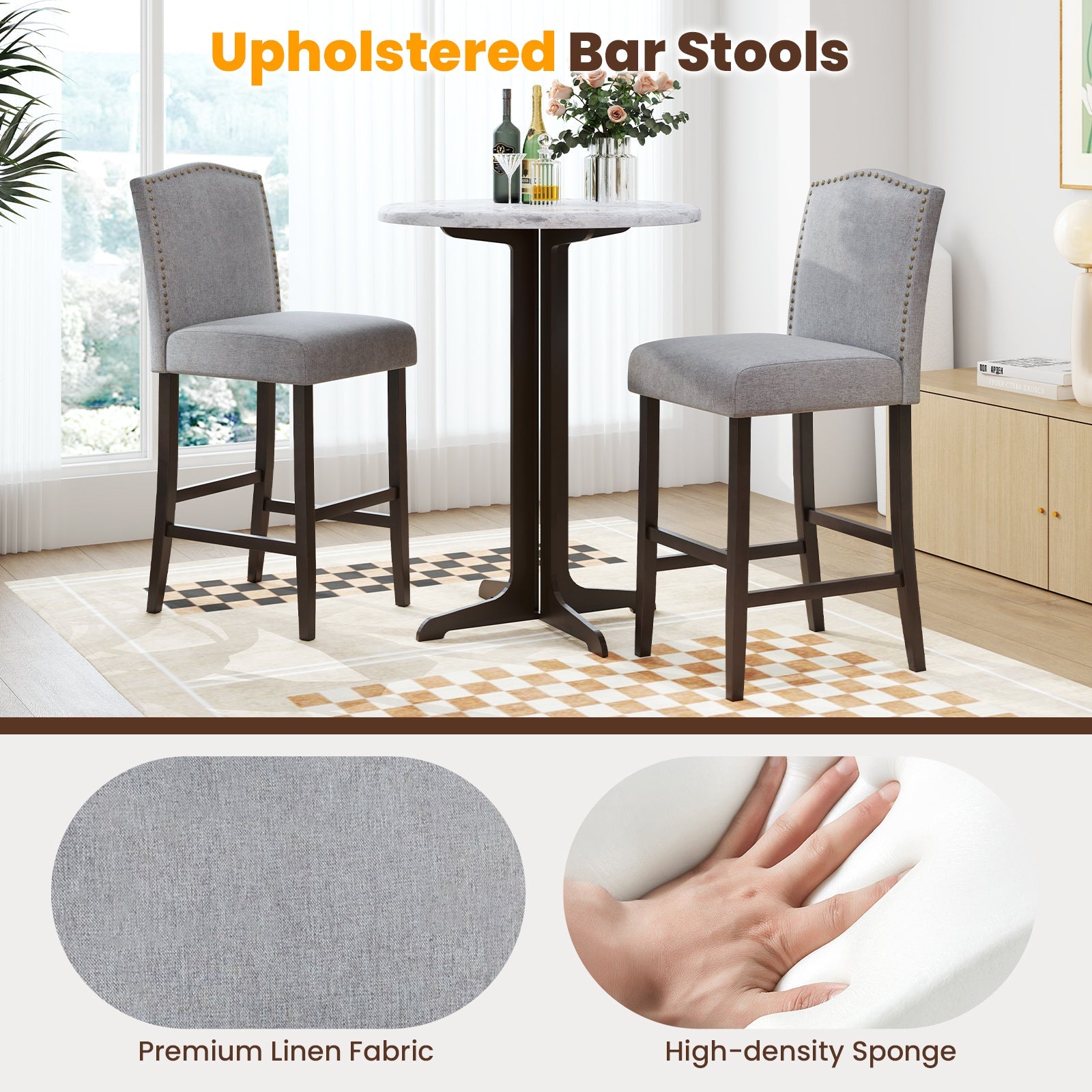 Set of 2 Bar Height Dining Side Barstools with Thick Cushion-Gray